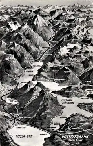 Landkarten Ak Kanton Tessin Schweiz, Gotthardbahn, Zugersee