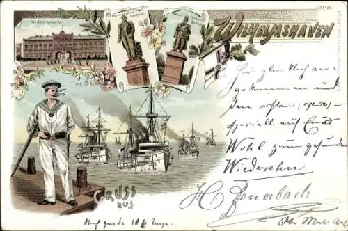 Litho Wilhelmshaven an der Nordsee, Kriegsschiffe, Matrose, Kaiser Wilhelm Denkmal