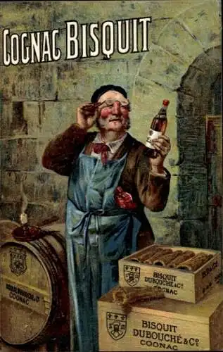 Ak Cognac Bisquit, Dubouche & Co., Mann im Lagerkeller