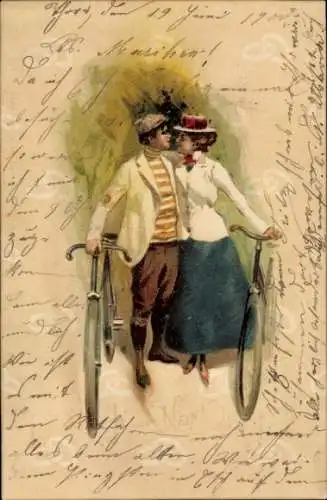 Litho Liebespaar mit Fahrrädern