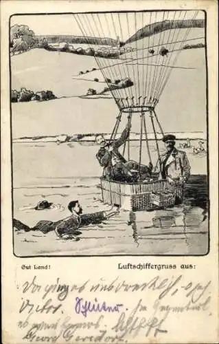 Künstler Ak Gut Land, Luftschiffergruß, Heißluftballon ist im Wasser gelandet
