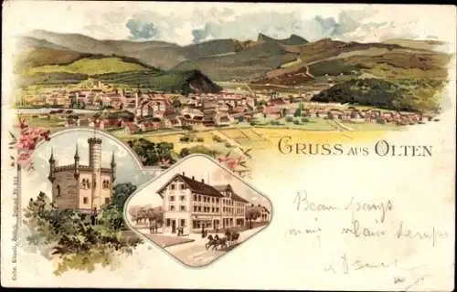 Litho Olten Kanton Solothurn, Totalansicht, Schloss, Straßenpartie