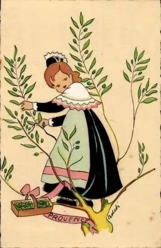 Künstler Ak Französische Tracht, Mädchen beim Pflücken, Korb, Provence
