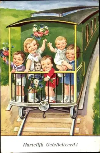 Künstler Ak Wills, John, Herzlichen Glückwunsch, Kinder mit Blumensträußen, Eisenbahn
