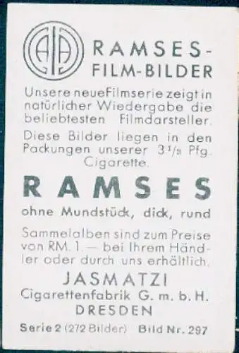 Sammelbild Ramses-Filmbilder, Bild Nr. 297, Schauspielerin und Sängerin Marlene Dietrich