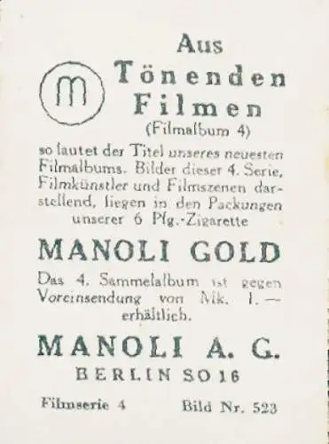 Sammelbild Manoli Gold, Bild Nr. 523, Schauspielerin und Sängerin Marlene Dietrich