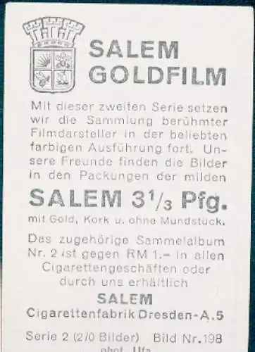 Sammelbild Salem Goldfilm, Bild Nr. 198, Schauspieler Hans Albers