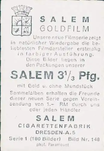 Sammelbild Salem Goldfilm, Bild Nr. 148, Schauspieler Warner Oland