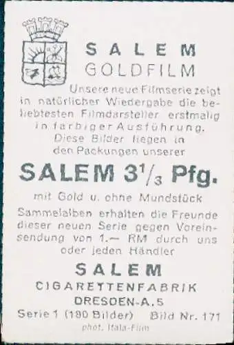 Sammelbild Salem Goldfilm, Bild Nr. 171, Schauspieler Siegfried Arno