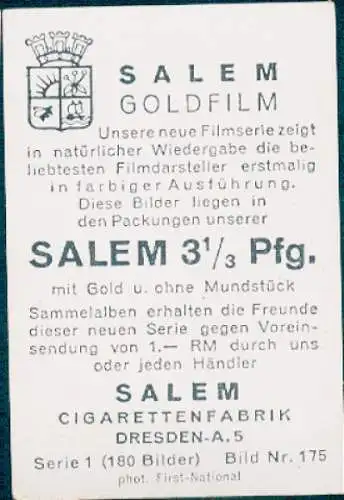 Sammelbild Salem Goldfilm, Bild Nr. 175, Schauspieler Richard Barthelmess