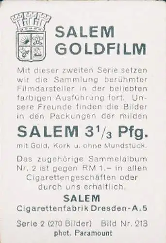 Sammelbild Salem Goldfilm, Bild Nr. 213, Schauspielerin und Sängerin Marlene Dietrich