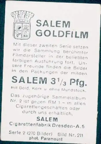 Sammelbild Salem Goldfilm, Bild Nr. 211, Schauspielerin und Sängerin Marlene Dietrich