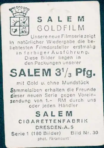 Sammelbild Salem Goldfilm, Bild Nr. 30, Schauspielerin und Sängerin Marlene Dietrich