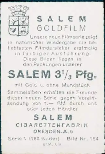 Sammelbild Salem Goldfilm, Bild Nr. 154, Schauspieler Theodor Loos