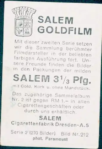 Sammelbild Salem Goldfilm, Bild Nr. 212, Schauspielerin und Sängerin Marlene Dietrich