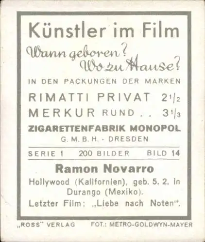 Sammelbild Künstler im Film, Rimatti, Bild Nr. 14, Schauspieler Ramon Novarro