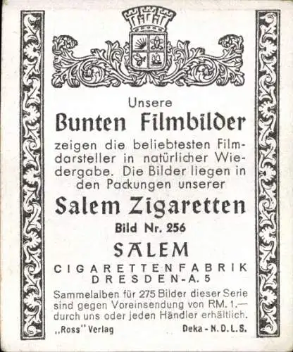 Sammelbild Salem Zigaretten, Bild Nr. 256, Schauspieler Emil Jannings
