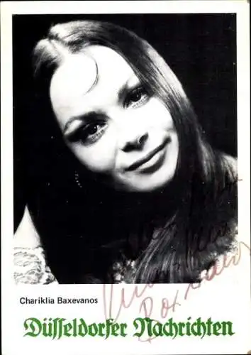 Ak Schauspielerin Chariklia Baxevanos,  Portrait, Autogramm, Düsseldorfer Nachrichten