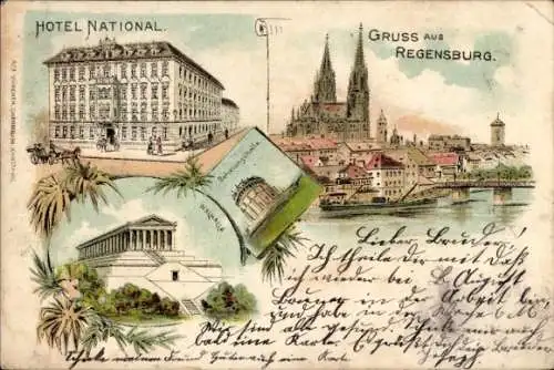Litho Regensburg an der Donau Oberpfalz, Hotel National, Walhalla, Befreiungshalle