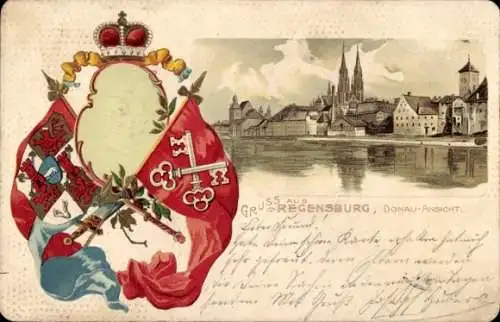Präge Wappen Litho Regensburg an der Donau Oberpfalz, Donauansicht, Fürst von Thurn & Taxis