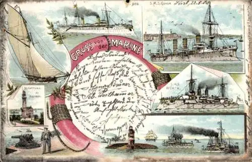 Litho Deutsche Kriegsschiffe, SMS Wörth, Leuchtturm, Seemann, Kaiserliche Marine