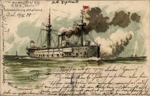 Künstler Litho Siehl, Deutsches Kriegsschiff, SMS Mars, Kreuzerkorvette, Schießübung