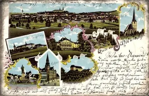 Litho Schleiz im Vogtland Thüringen, Schloss, Bergkirche, Rathaus, Schloss Burgk