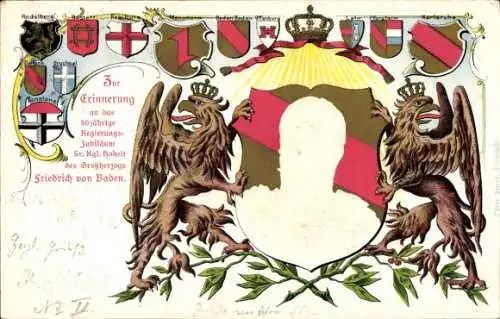 Präge Wappen Litho 50jähriges Regierungs-Jubiläum des Großherzogs Friedrich von Baden