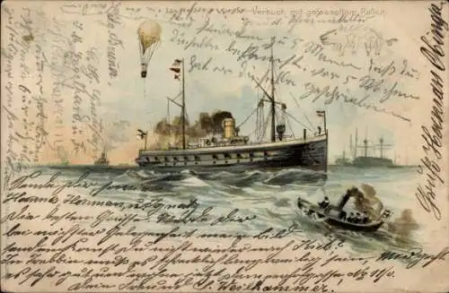 Litho Versuch mit gefesseltem Ballon, Dampfer, Dampfschiff