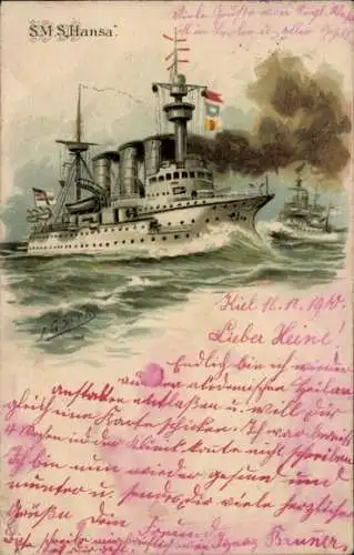 Künstler Litho Deutsches Kriegsschiff, SMS Hansa, Kaiserliche Marine