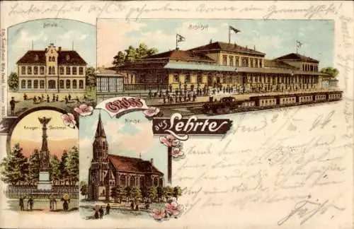 Litho Lehrte in Niedersachsen, Bahnhof, Krieger Denkmal, Schule, Kirche
