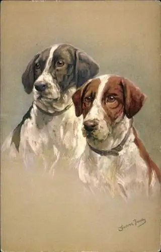 Künstler Ak Zwei Jagdhunde, Hundeportrait