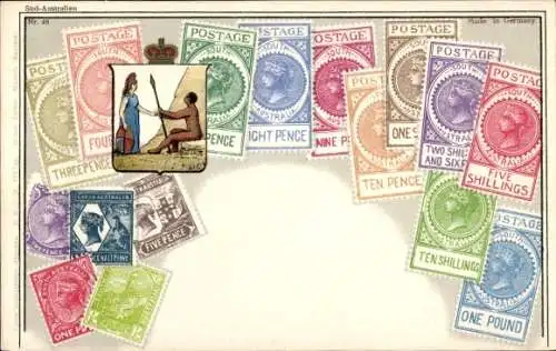 Briefmarken Wappen Ak Süd Australien, Ten Pence, One Pound
