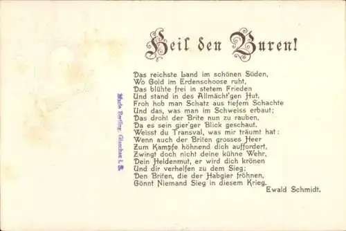 Gedicht Präge Litho Heil den Buren, Ewald Schmidt