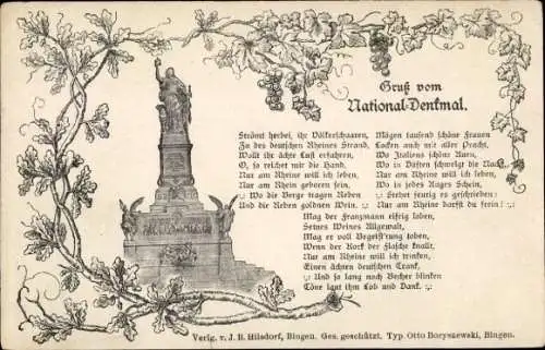 Gedicht Litho Rüdesheim am Rhein in Hessen, Niederwalddenkmal, Strömt herbei ihr Völkerschaaren