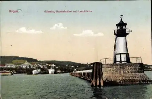 Ak Sassnitz auf Rügen, Hafeneinfahrt, Leuchtturm