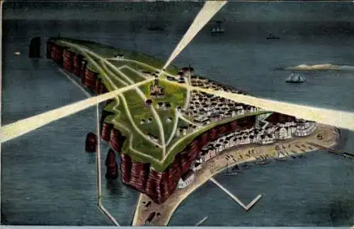 Künstler Ak Nordseeinsel Helgoland, Gesamtansicht, Leuchtturm in Betrieb