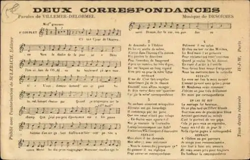 Lied Ak Deux correspondances, Paroles de Villemer-Delormel, Musique de Desormes