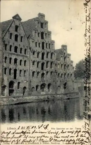 Ak Hansestadt Lübeck, Alte Speicher, Trave