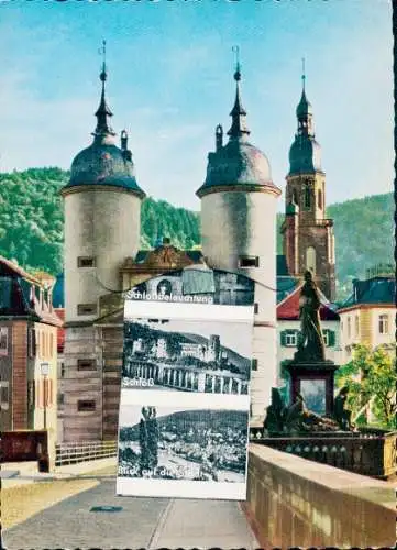 Leporello Ak Heidelberg am Neckar, Brückentürme, Schloss, Schlossbeleuchtung, Panorama