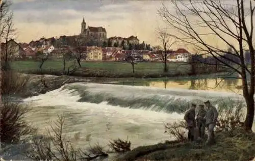 Ak Altkirch Elsass Haut Rhin, Gesamtansicht, deutsche Soldaten am Fluss, Wehr
