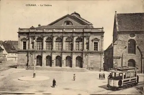 Ak Colmar Kolmar Elsass Haut Rhin, Theater, Straßenbahn