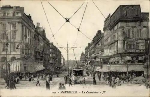 Ak Marseille Bouches du Rhône, La Cannebière, Straßenbahnen