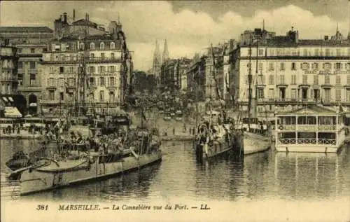 Ak Marseille Bouches du Rhône, La Cannebière vom Hafen aus gesehen
