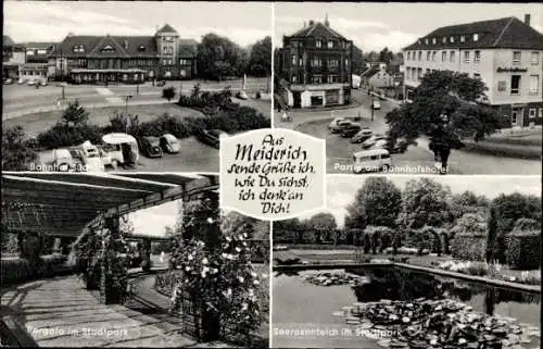 Ak Meiderich Duisburg, Bahnhof Süd, Hotel, Pergola u. Seerosenteich im Stadtpark
