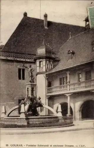 Ak Colmar Kolmar Alsace Haut Rhin, Fontaine Schwendi und ehemaliges Zollhaus