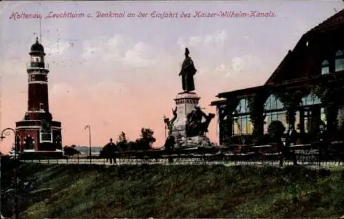 Ak Holtenau Kiel, Leuchtturm und Denkmal, Einfahrt des Kaiser Wilhelm Kanals, Gasthaus