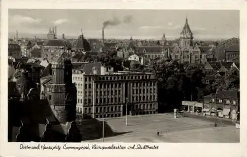 Judaika Ak Dortmund im Ruhrgebiet, Hansaplatz, Commerzbank, Post, Stadttheater, Synagoge