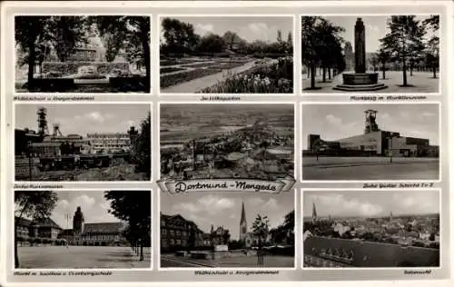 Ak Mengede Dortmund im Ruhrgebiet, Volksgarten, Marktplatz, Kriegerdenkmal, Zeche Hansemann, Gustav
