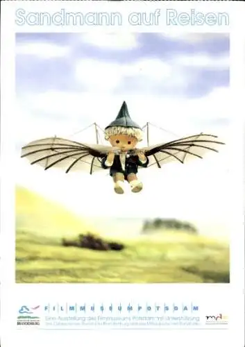Ak Unser Sandmännchen, Sandmann, DDR Kinderfernsehen, Gleitschirm, Ausstellung Sandmann auf Reisen